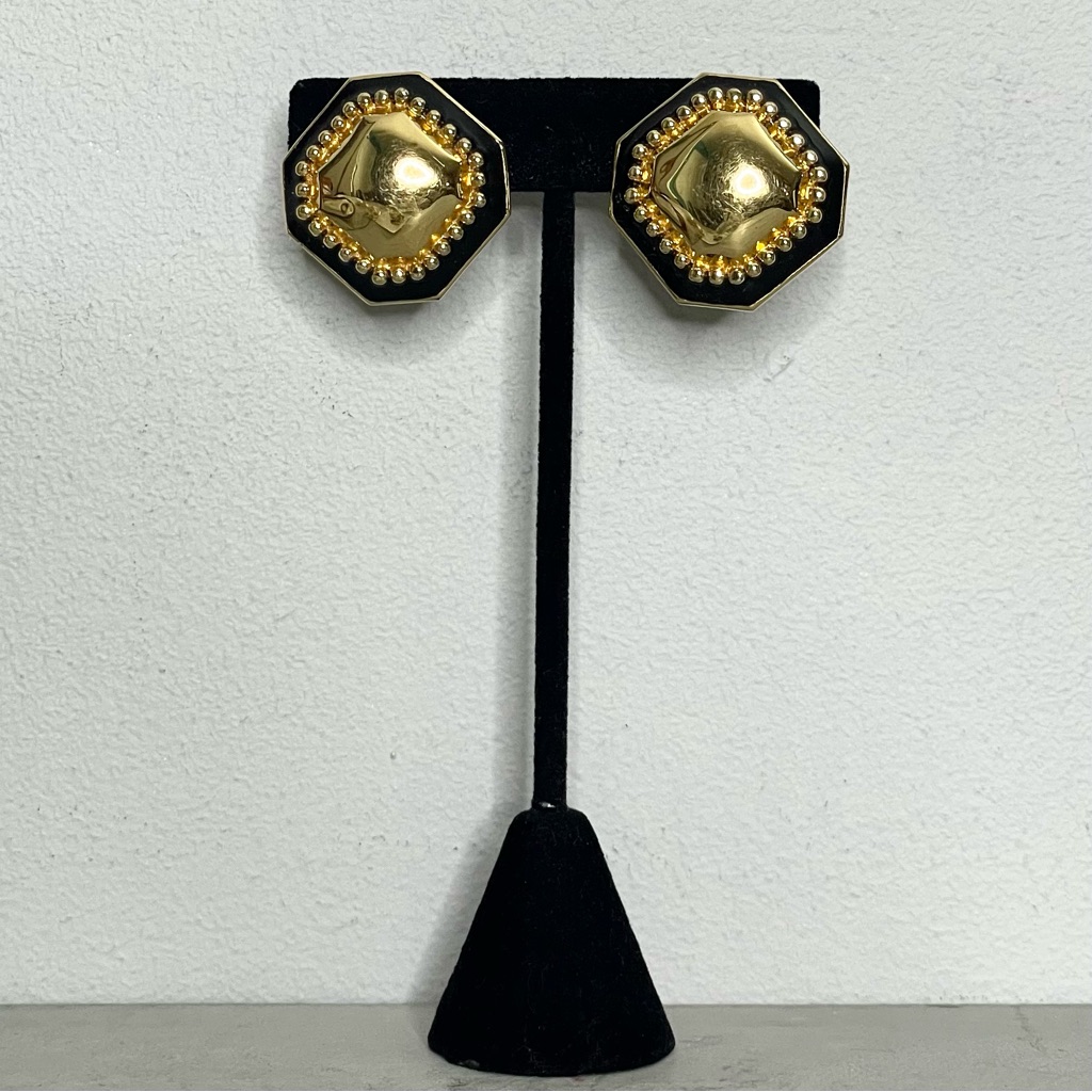 St John Gold Tone Black Enamel Geometric Clip On Earrings 65$